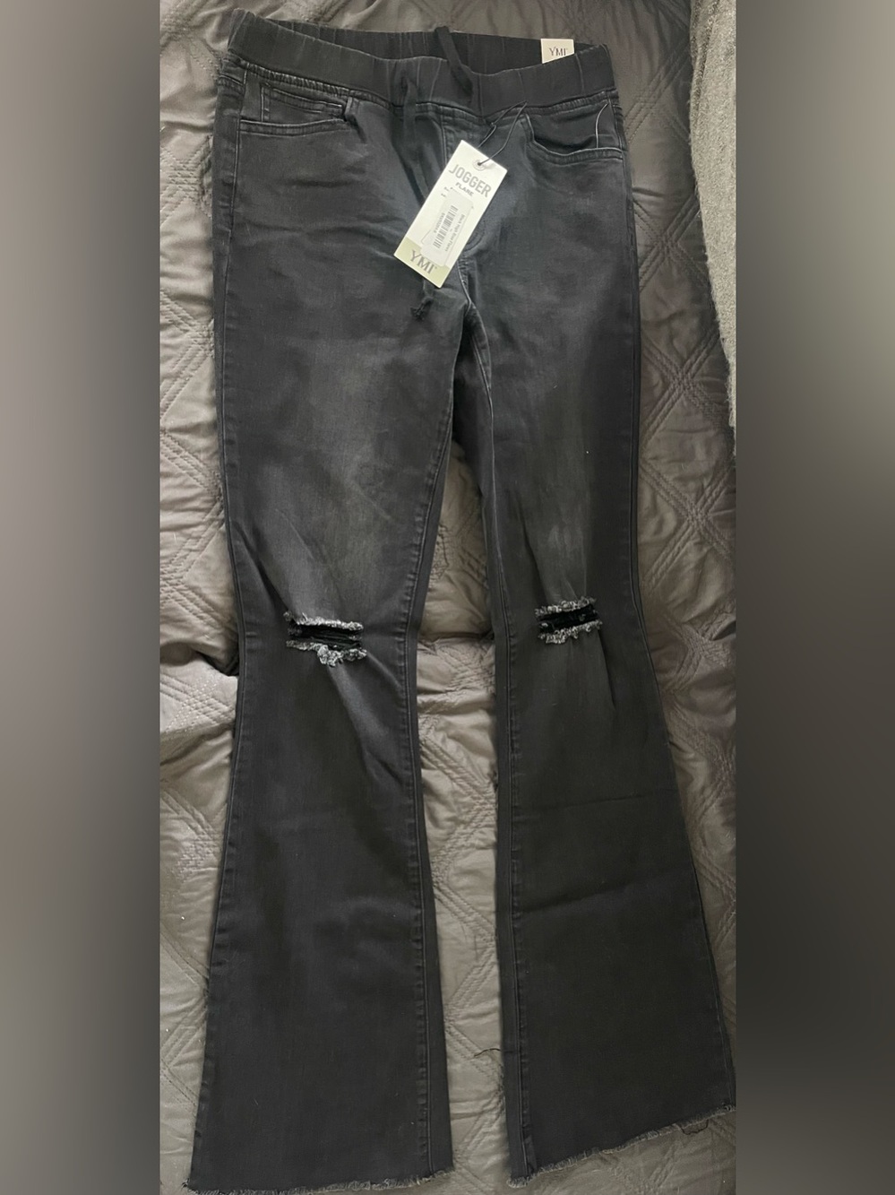 YMI Black Flare Jeans with Knee Distressing